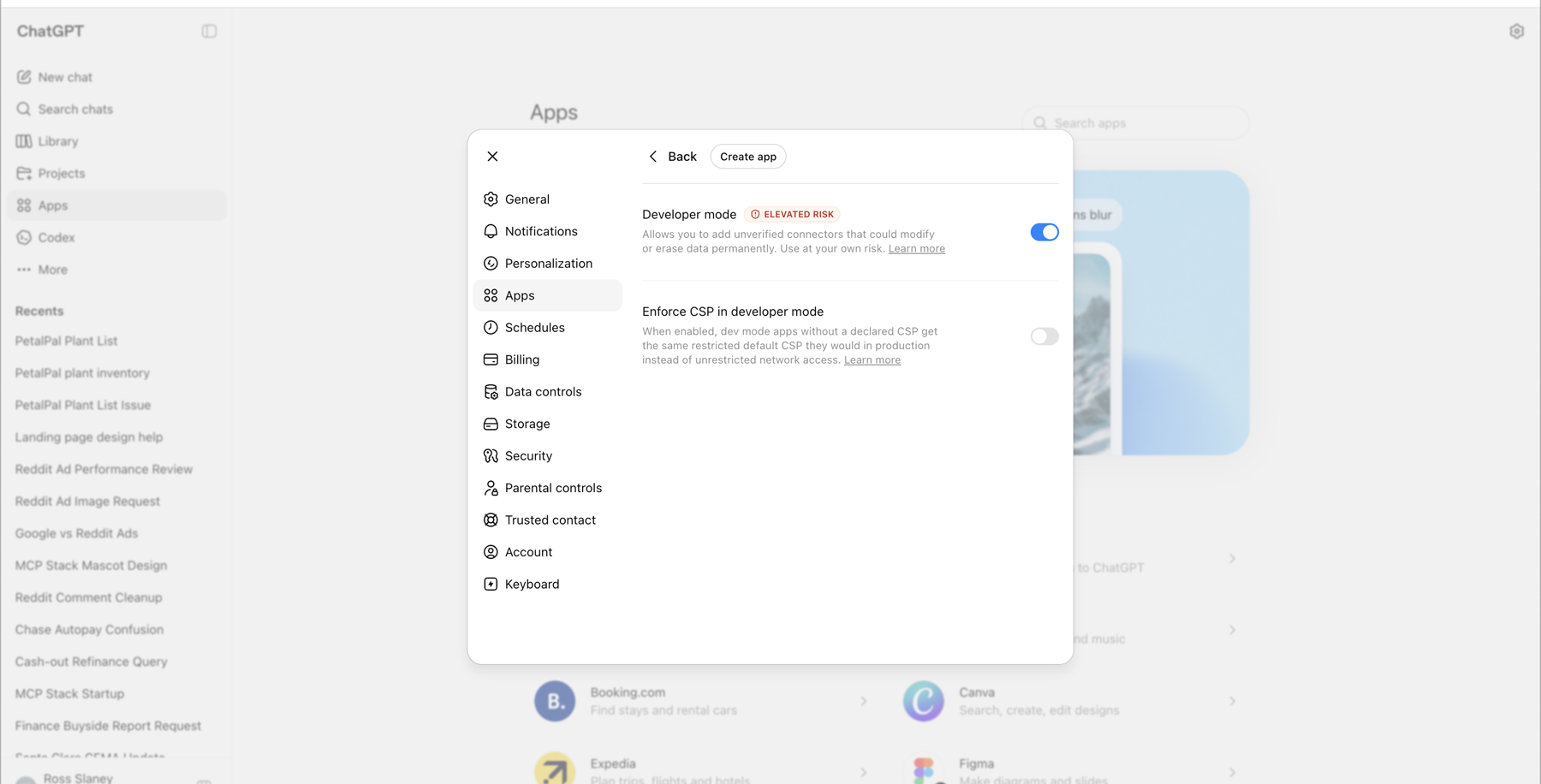ChatGPT Apps settings with developer mode and custom app controls