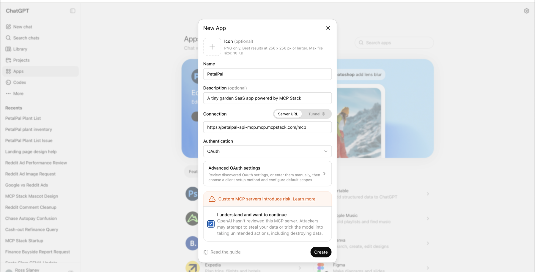 ChatGPT custom app form filled with the PetalPal hosted MCP URL