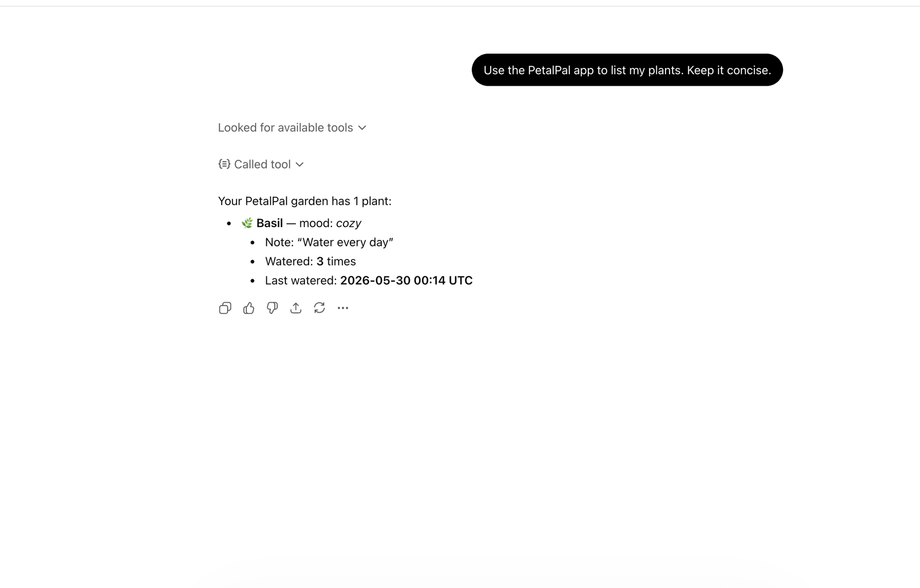 ChatGPT using the PetalPal MCP app to list plants