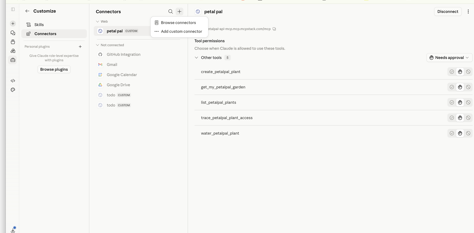 Claude connector menu showing Add custom connector