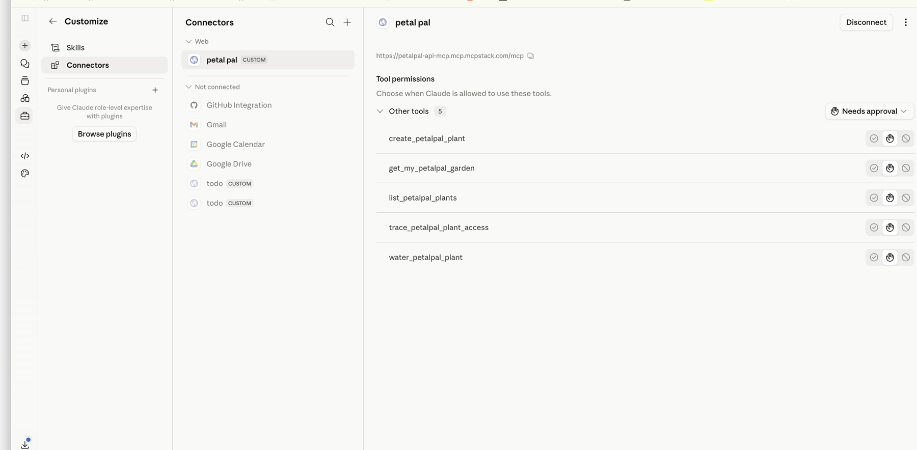 Claude connected PetalPal connector with generated tool permissions