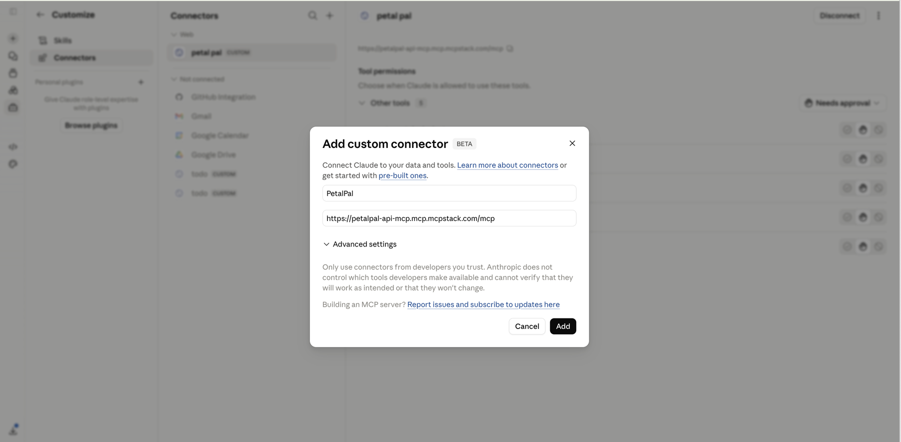 Claude Add custom connector modal