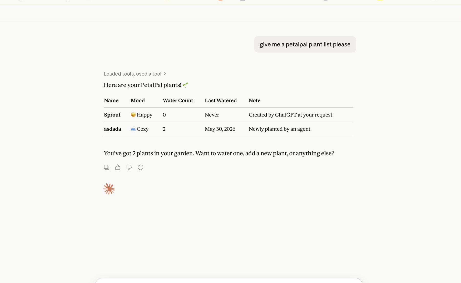 Claude using the PetalPal connector to list plants