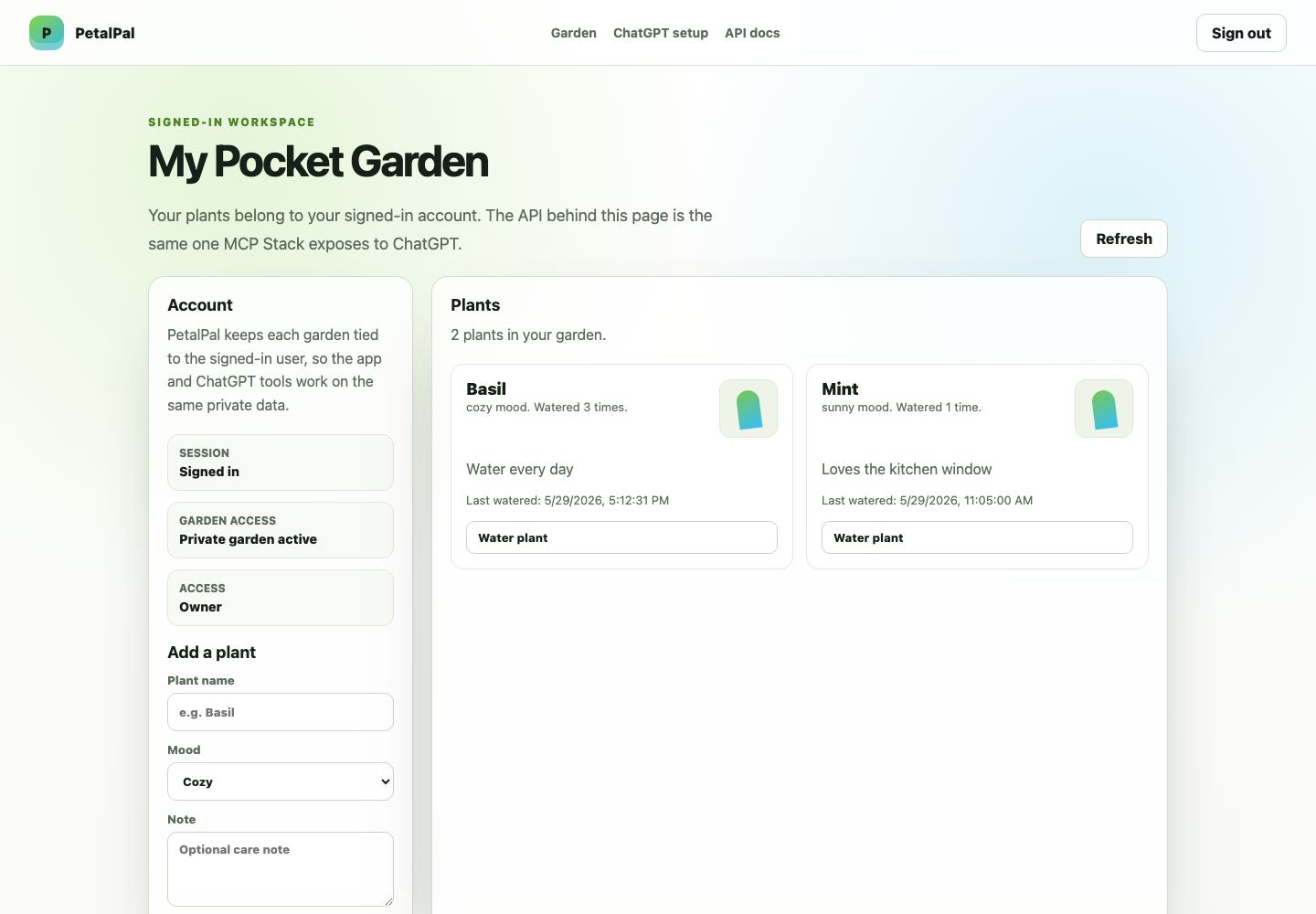 PetalPal signed-in garden dashboard