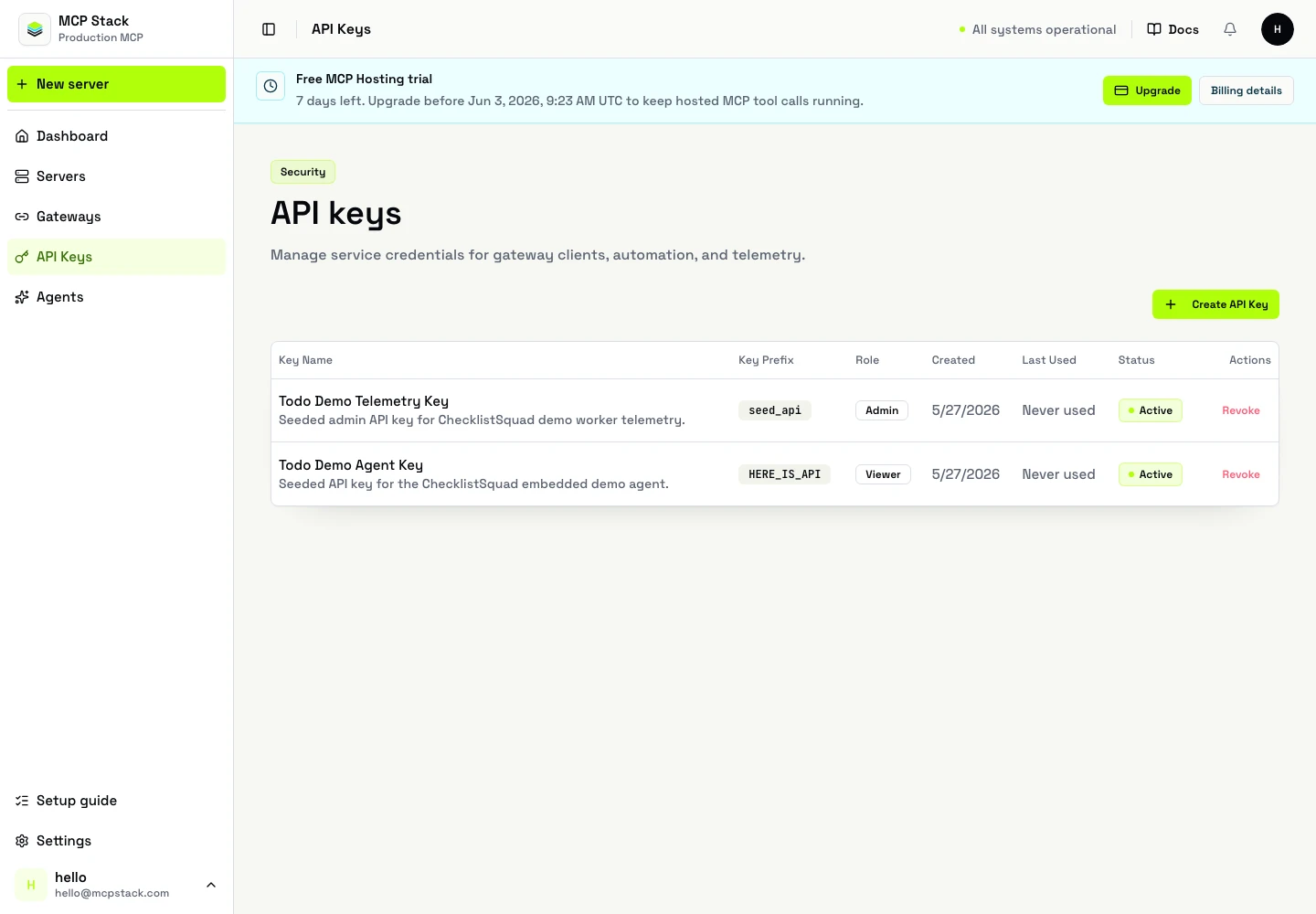 API keys page in MCP Stack