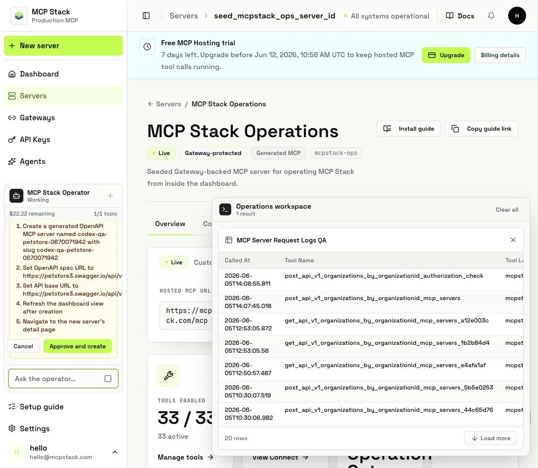 Dashboard operator approval card for creating an MCP server