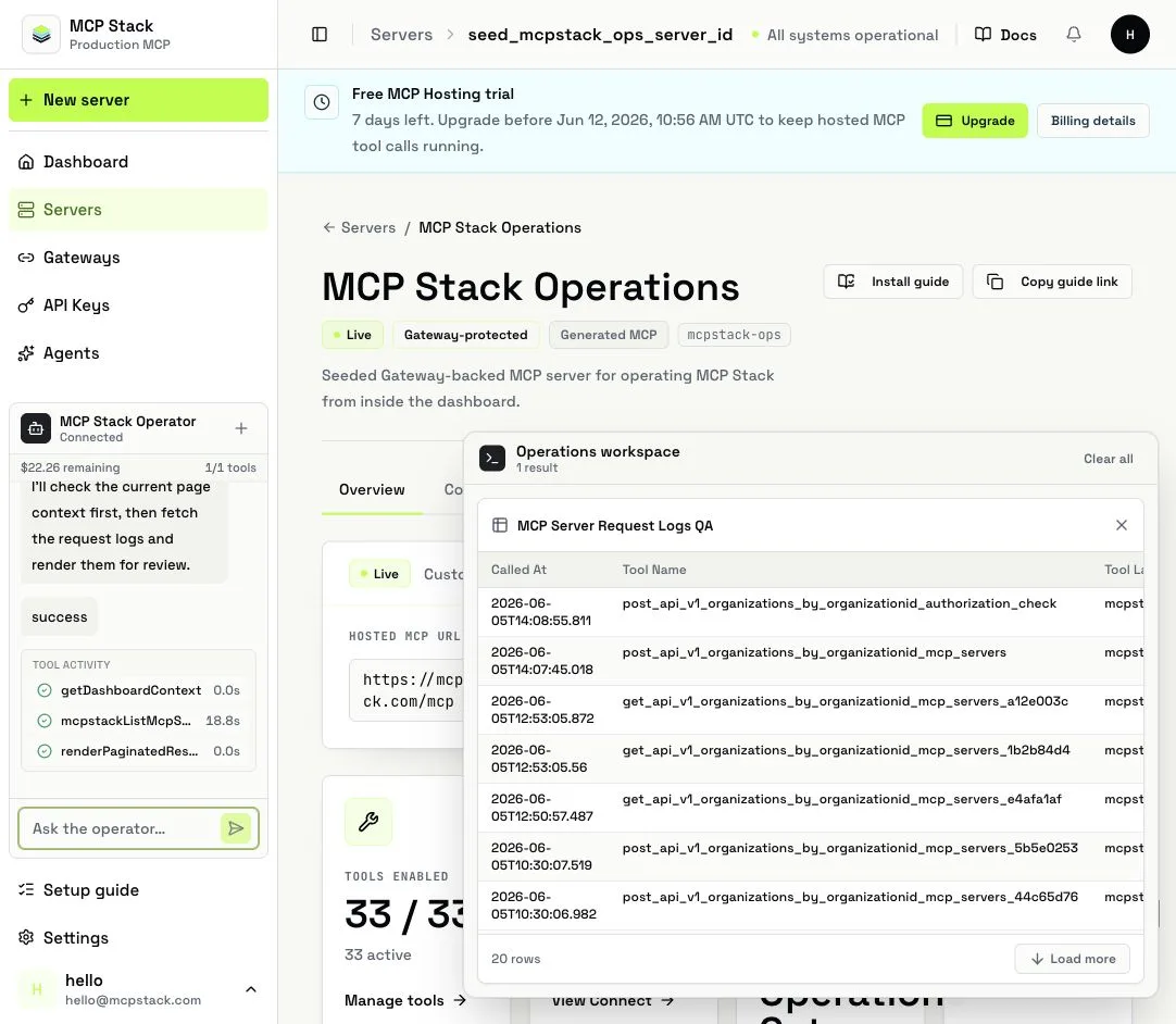 Dashboard operator rendering MCP server request logs