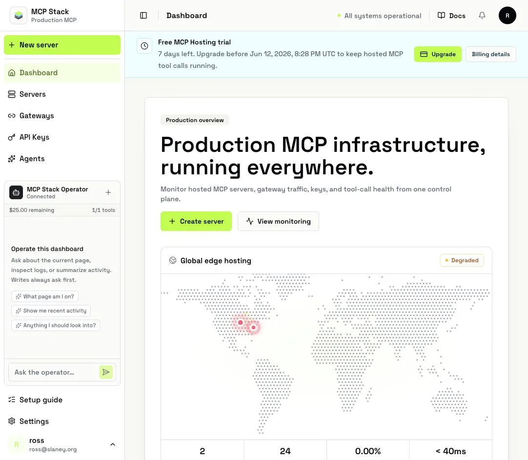 MCP Stack Operator embedded in the dashboard sidebar