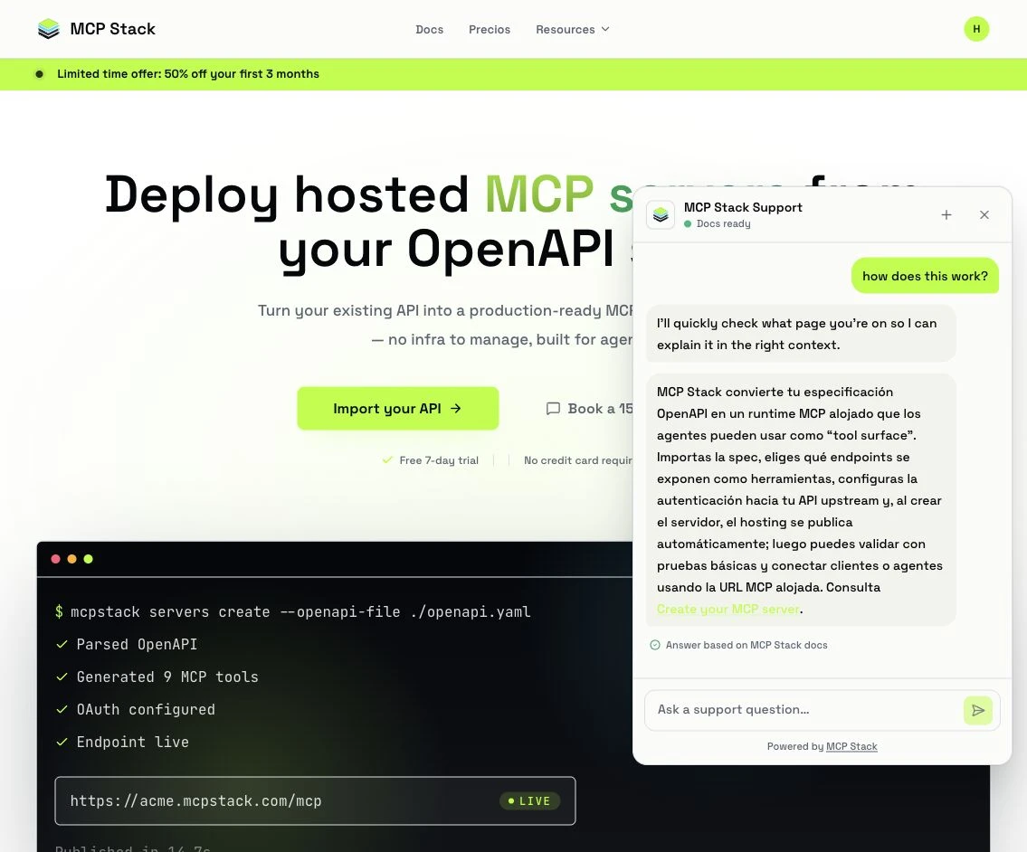 MCP Stack Support answering a public homepage question with a citation