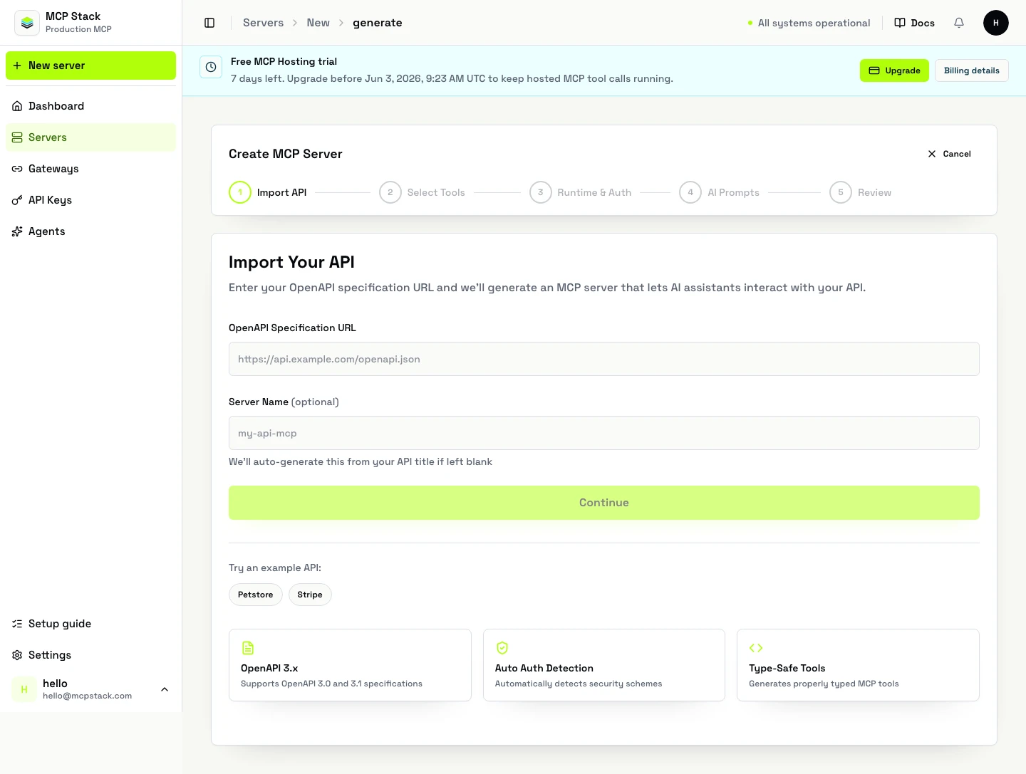 OpenAPI import step in the MCP Stack server wizard